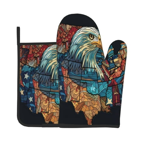 

Zeuib Stained Glass Eagle USA Print Oven Mitt & Pot Holder Set 2-Pack Kitchen Gloves and Hot Pads for Cooking BBQ Grilling Baking