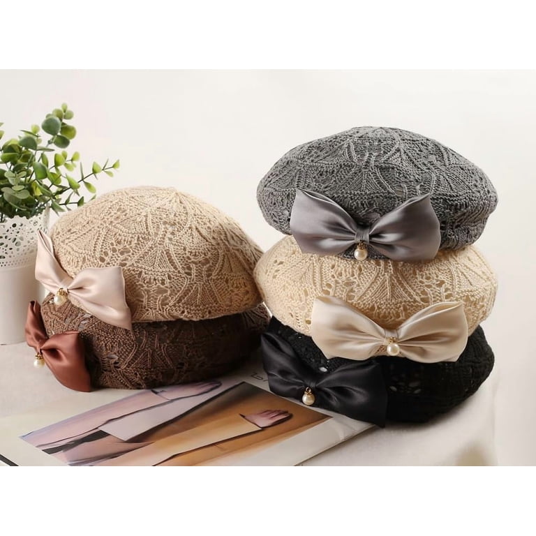 4583 Women Beret Hat Trendy Bow Pearl Woven Summer Hollow Out Women Trendy Bow Pearl Woven Beret Hat Summer Hollow Out Hat  main image 4