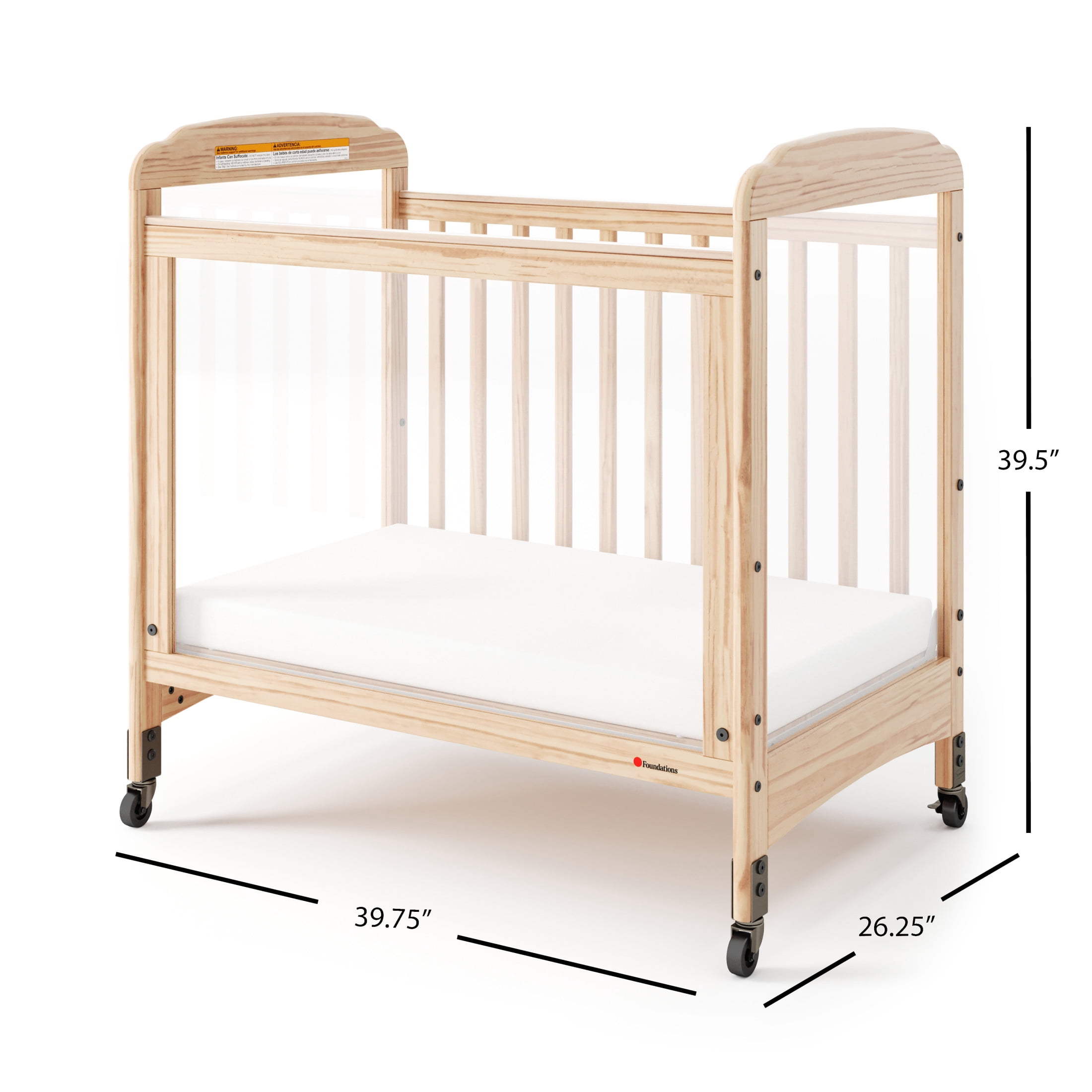 Foundations Serenity 3-Panel Clearview Compact Crib, Fixed-Side, 3" Mattress Included, Natural Wood