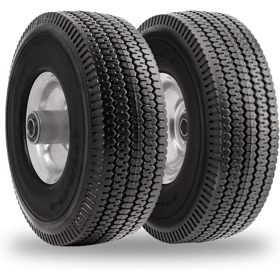 10 Inch Solid Polyurethane Tire 4.10/3.50-4 Tire, 10" Flat Free Wheels with 5/8" Bearings, 2.2" Offset Hub for Garden Cart, Hand Truck, Lawn Cart, Mower (2 Pack)
