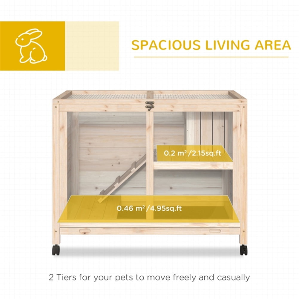 Kepooman 2 Tier Solid Wooden Rabbit Cage with 2 Transparent Rooms for Real Time Observation of Pet Status, Indoor Outdoor Rabbit Cage Guinea Pig Cage Small Animal Pet House, Natural