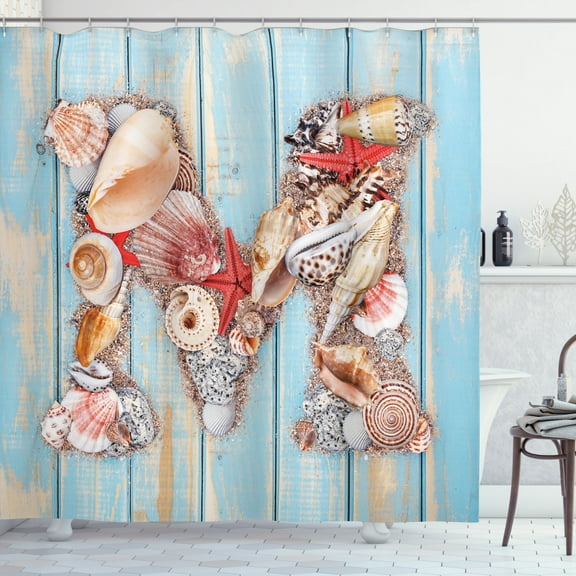 Ambesonne Letter M Shower Curtain, Aquatic Inspiation Art, 69"Wx70"L, Dark Coral Pale Blue