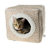 Pet Bed Cave - Enclosed Animal Print Cat House with Removable Cushioned Cat Bed for Kittens or Small Dogs up to 16lbs by PETMAKER (Tan/White)