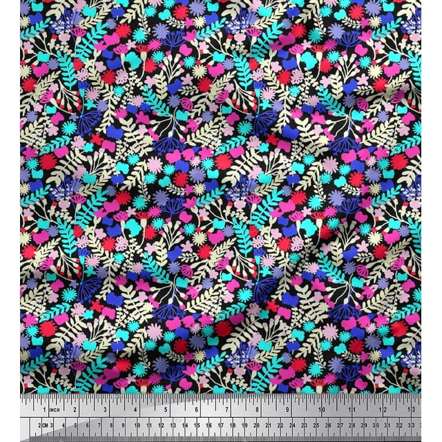 Soimoi Silk Fabric Leaves & Floral Artistic Print Fabric by The Yard 42 Inch Wide