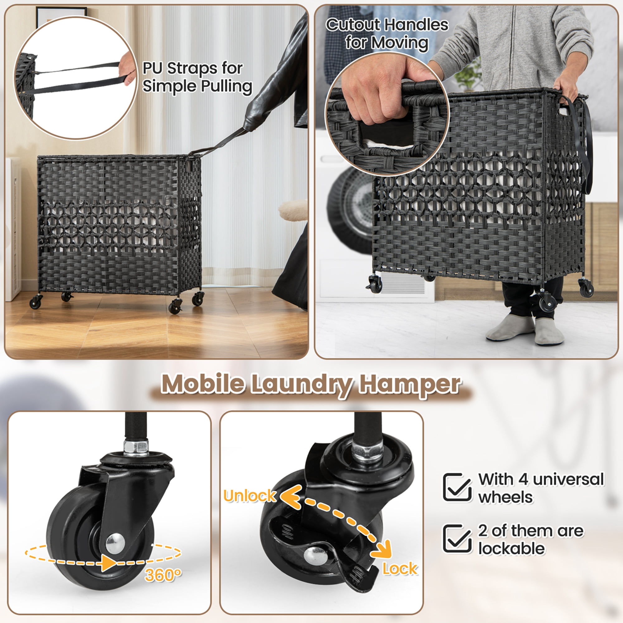 Costway 110L Laundry Hamper with Wheels Clothes Basket Lid & Handle & 2 Liner Bags Black
