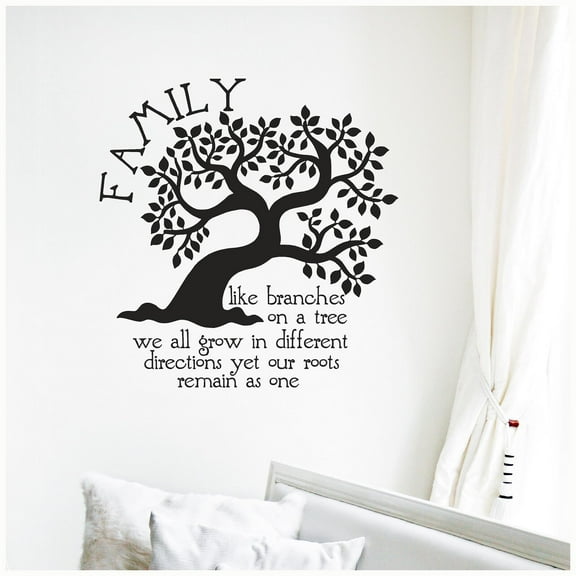 Family like Branches on a Tree We All Grow In Different Directions Yet Our Roots Remain as One Vinyl Lettering Wall Decal Family Decals - Size: 17"H x 16.5"L - Color: Black