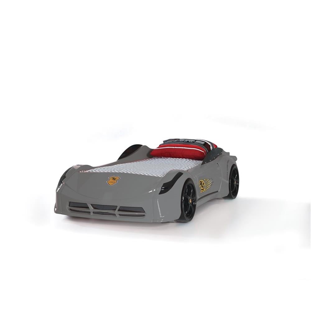 Pemberly Row Modern Wood TT Twin Race Car Bed with Remote Control in Gray