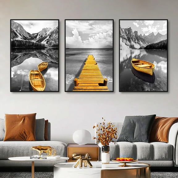 Hieng Yellow Boat On The Lake Landscape Canvas Prints Gold Wooden Bridge Mountain Abstract Wall Art Paintings For Home Decor Unframed