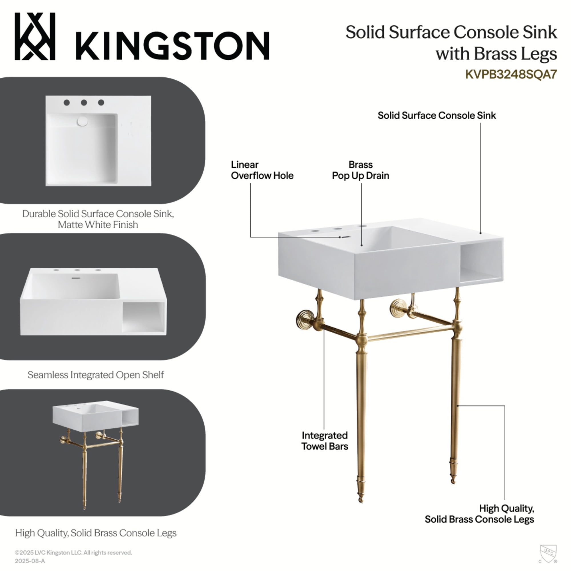 Kingston Brass KVPB3248SQA7 Aurelius 24-Inch Solid Surface Console Sink with Brass Legs (8-Inch, 3-Hole) in Matte White/Brushed Brass