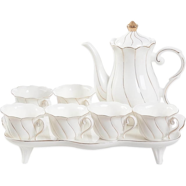 Juego de té de 14 piezas para 6 personas con bandeja de té y cucharas, juego de tazas de té de estilo británico de lujo con borde dorado, hermoso juego de té de porcelana para decoración