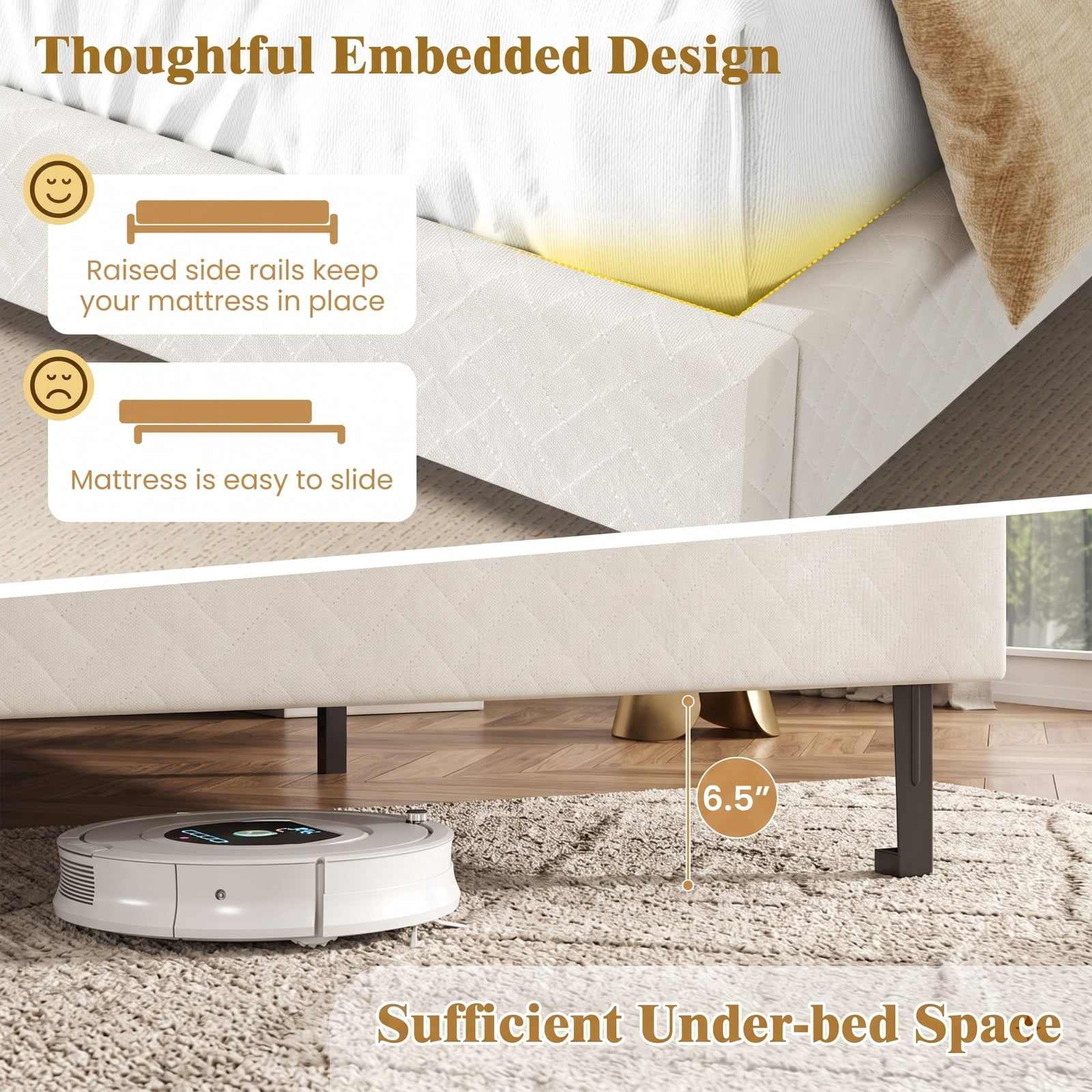 Furnibear Queen Size Bed Frame Velvet Upholstered Platform Bed Frame with Height Adjustable Chevron Headboard and Slats for Bedroom, Beige