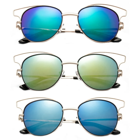 3 Pack Metal Eyebow Frame Oval Shape Sunglasses for Women, Blue, Green & Yellow Mirror