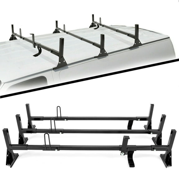 KOJEM Universal Van Ladder Rack, Full-Size Roof Rack Steel Cross Members, Fit for Chevrolet Express Ford E-Series GMC Savana 3 Bars