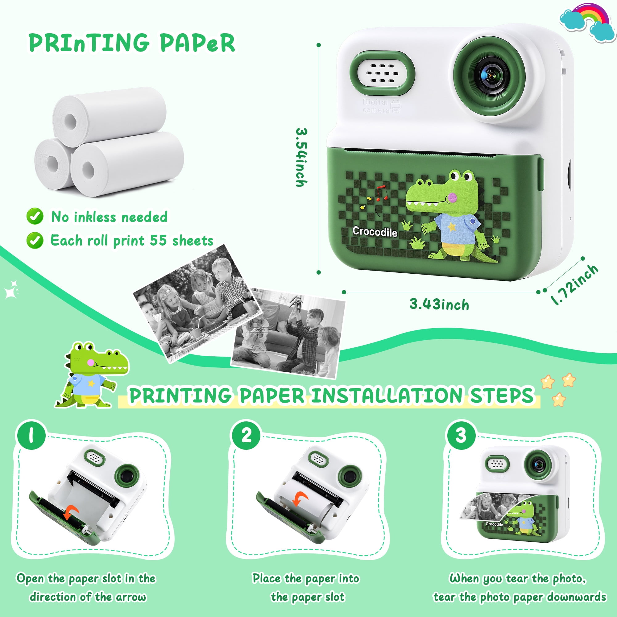ALLJOY Instant Print Kids Camera with 64GB SD Card 1080P HD Digital Video Camera Toy for Toddler Kids, Christmas Birthday Gift for Girls Ages 3-12,  Green