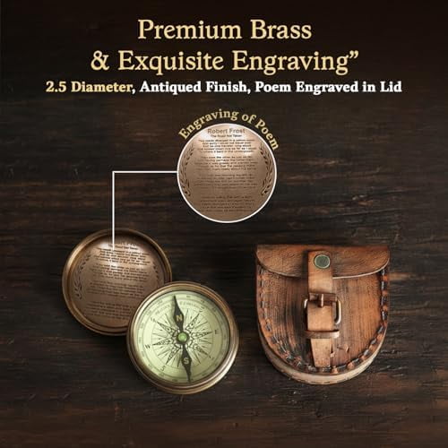 WLIKKS Antiqued Brass Poem Compass with Leather Case