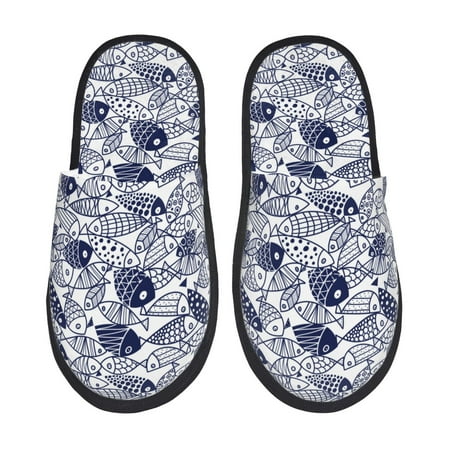 Balery Blue Fish1 Slient Indoor Furry Fleece Comfort House Shoes Soft Non-Slip Home Shoes Cotton slippers House Slippers-- Medium