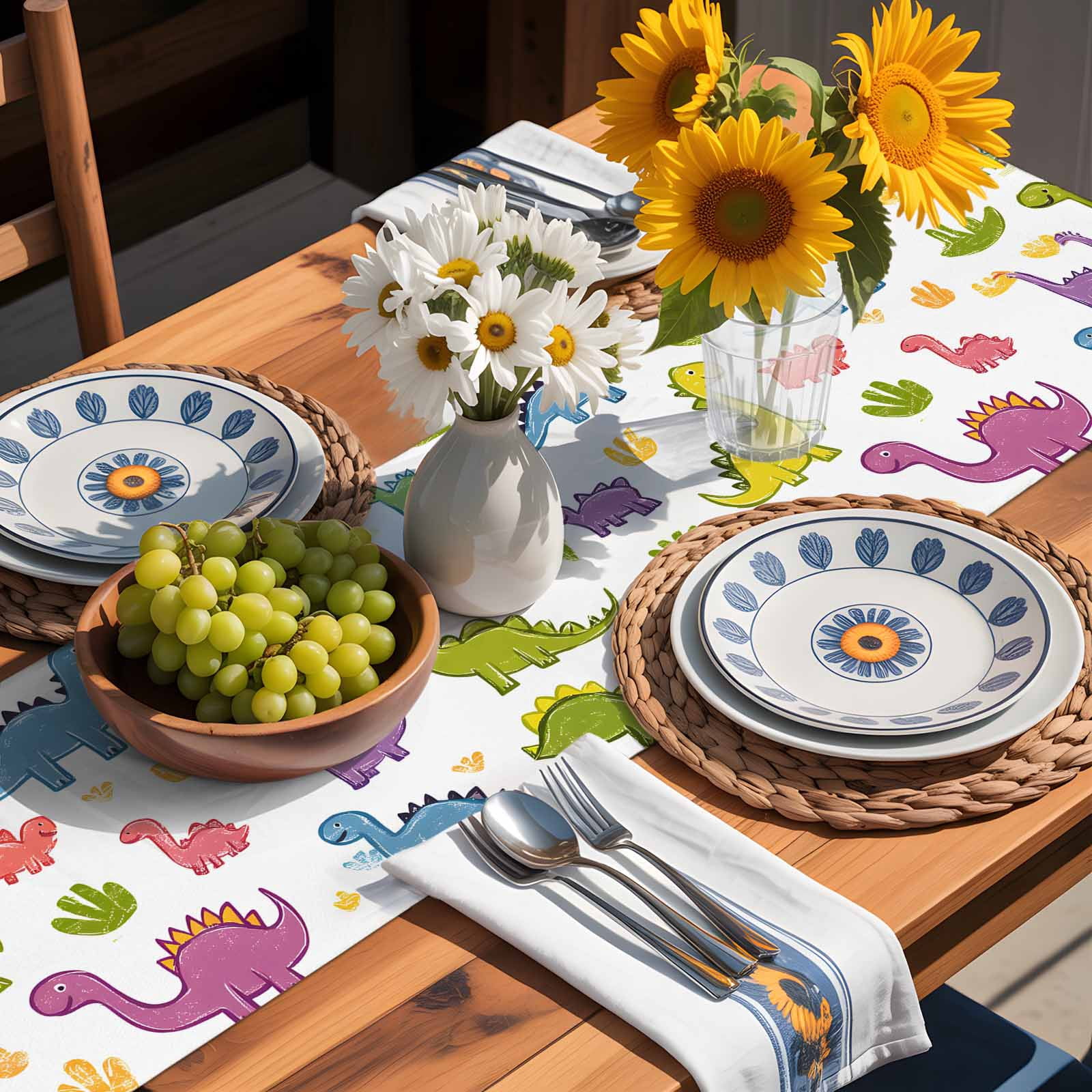 Modern Abstract Colorful Dinosaur Table Runner 90 Inches Long, Classical Cartoon Animal Table Runners Tabletop Scarf Kitchen Dining Tables Decoration for Home Party Indoor Outdoor