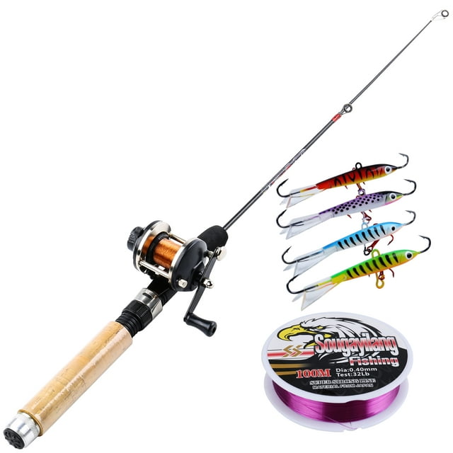 Sougayilang 26in Winter Ice Fishing Rod and Mini Trolling Reel Combos - with Fishing Line Lures