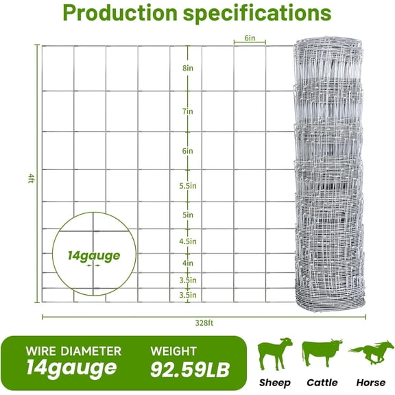 Heavy Duty Galvanized Woven Wire Cattle Panel Fence 4ft x 328ft 14 Gauge Livestock Fencing for Goat Sheep Farm Ranch