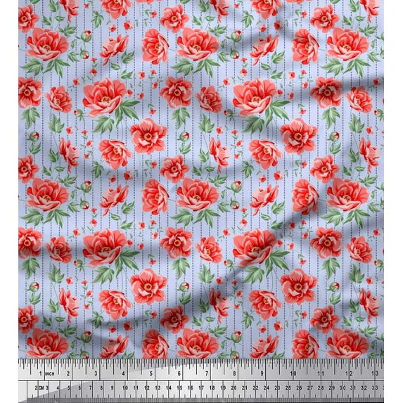 Soimoi Rayon Fabric Stripe,Leaves & Peony Floral Printed Fabric 1 Yard 42 Inch Wide