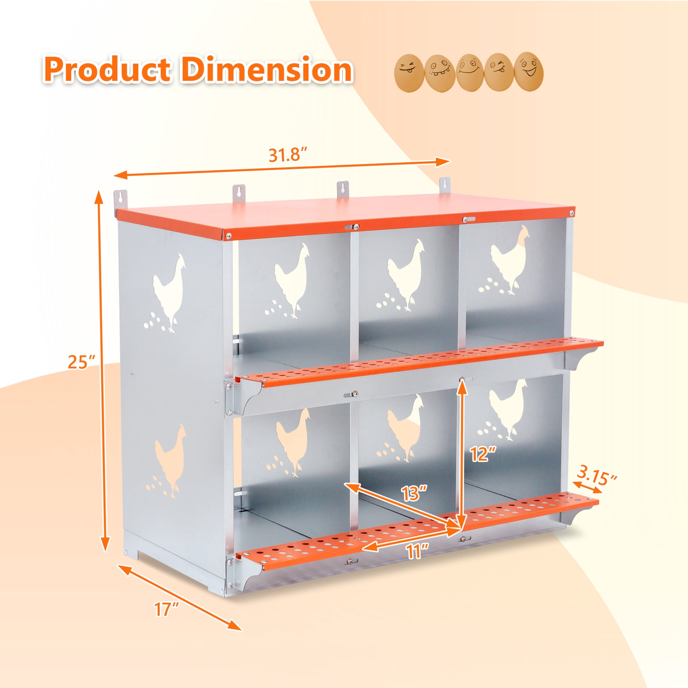 Noble House 6-Bay Wall-Mount Steel Nesting Box with Ventilation, Easy Egg Collection, for Chickens, Ducks, Orange