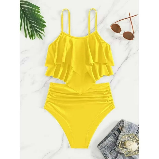 Girls Two Piece Swimwear for Teens and Youth Solid Color Bikini with Ruffled Back and Tankini Top for Spring Summer