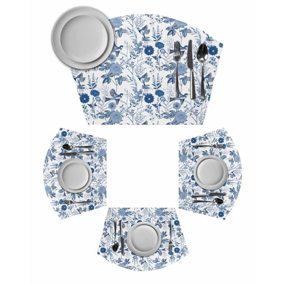 Flower Bird Wedge Shaped Placemats Set of 6, Cotton Linen Fan Place Mats, Vintage Blue Garden Country Wildflower Washable Table Mats for Holiday Wedding Party Dinning Coffee Tables 11.8"x17.5"