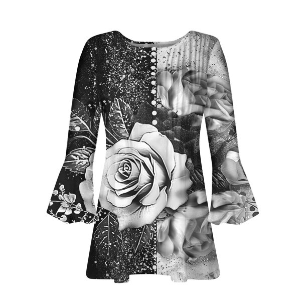 Blusa informal con botones estampados y plisados de plástico para mujer, manga 3/4, manga corta y cuello de cuerno.
