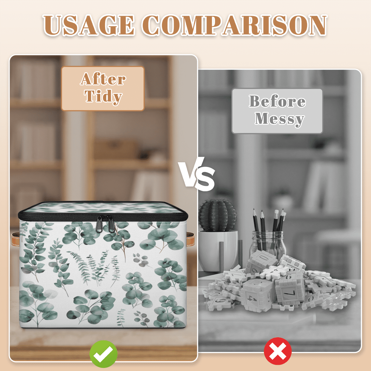 CURLYOOT Green Eucalyptus Leaves Fabric Storage Bins with Lids, Eucalyptus Leaves Foldable Storage Boxes Washable Storage Cube, Closet Bedroom Home Organizer Containers with Handles