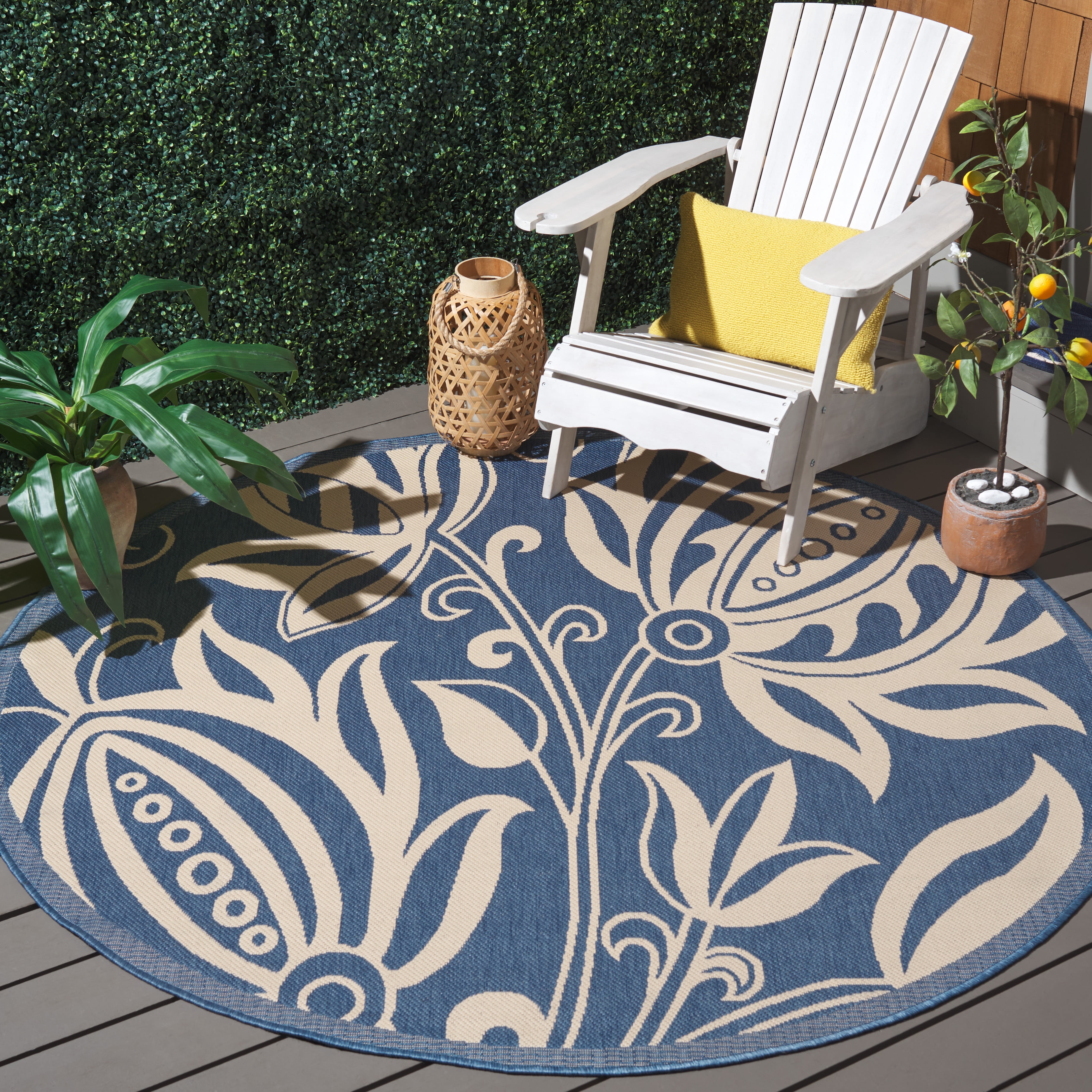 Safavieh Courtyard Crystal Floral Indoor/Outdoor Area Rug, Blue/Natural, 5'3" x 5'3" Round