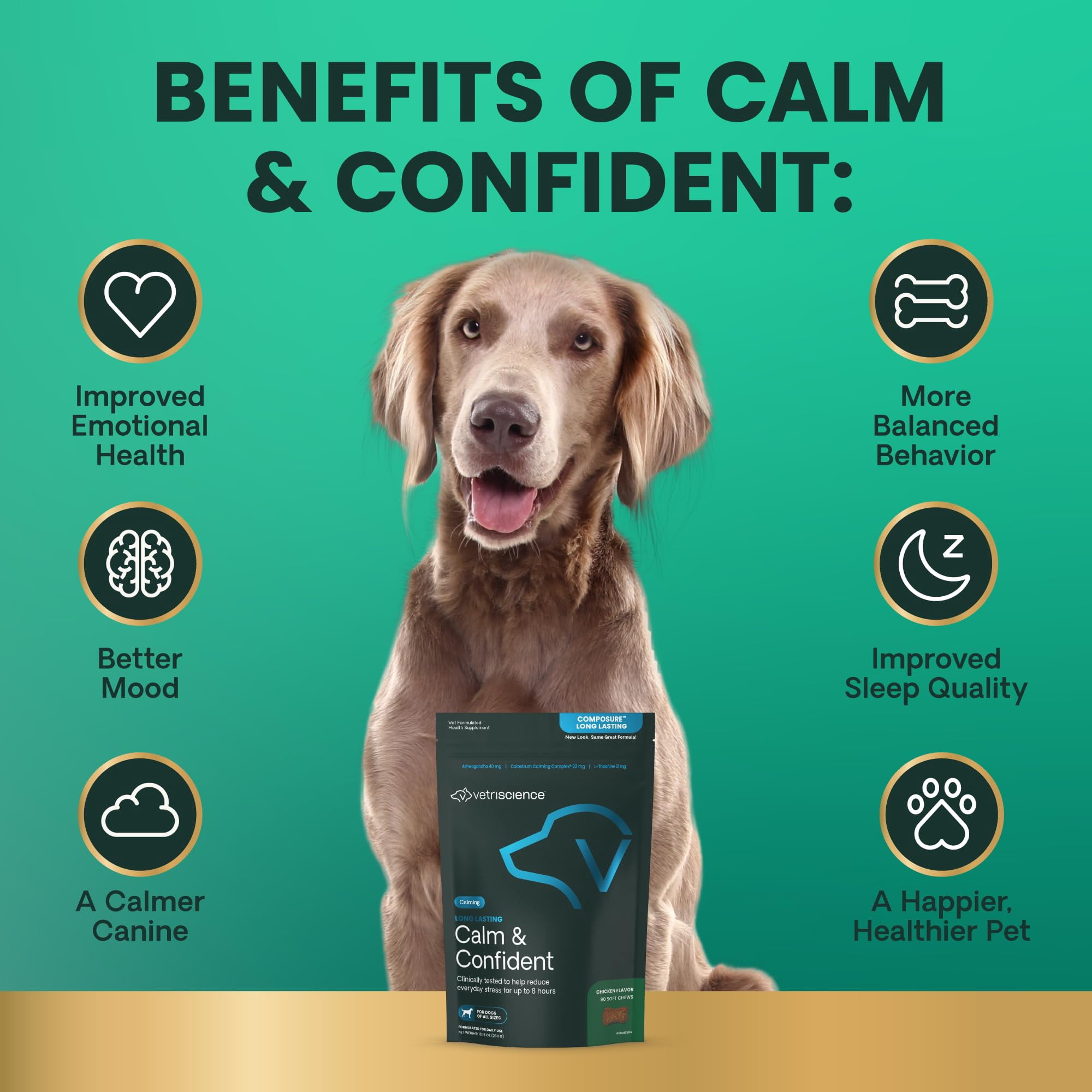 VetriScience Composure Long Lasting for Dogs, Calming Behavior and Anxiety Support, Chicken Liver Flavor, 90 Bite Sized Chews