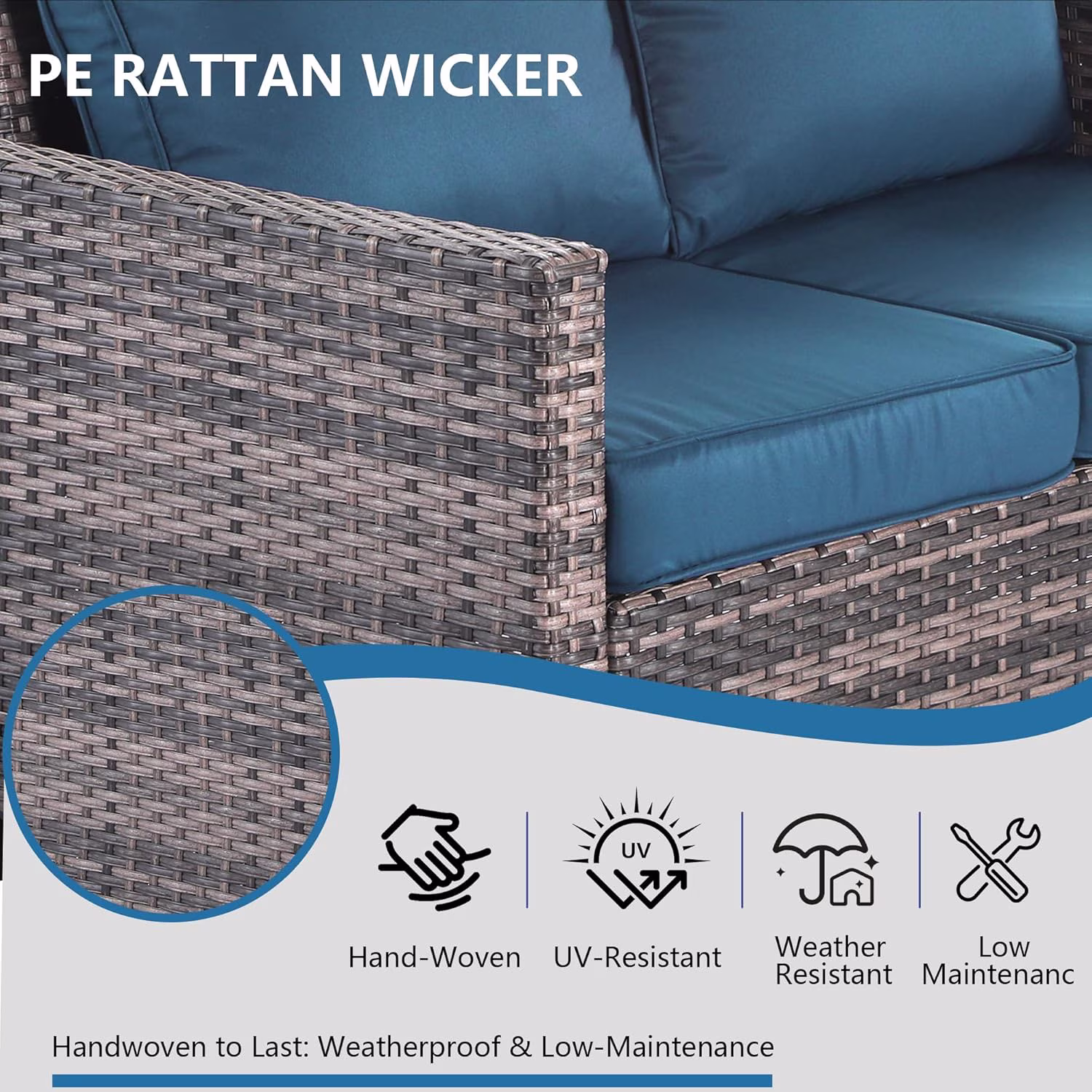 thumbnail image 2 of LAUSAINT HOME 3 Pieces Outdoor Patio Furniture, Outdoor Sectional Sofa Patio Furniture Sets Wicker Rattan Patio Conversation Sets with Cushion and Glass Table, Peacock Blue, 2 of 9
