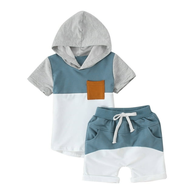 TSADFHJI Vêtements pour Bébé Garçon 0-3 Mois Automne Bébé Garçon 1 An Garçons Filles Été Confortable Patchwork Coloré Col Rond à Capuche Manches Courtes Hauts Shorts Ensemble 2 Pcs Vêtements pour Enfants Bleu 3-6 Mois