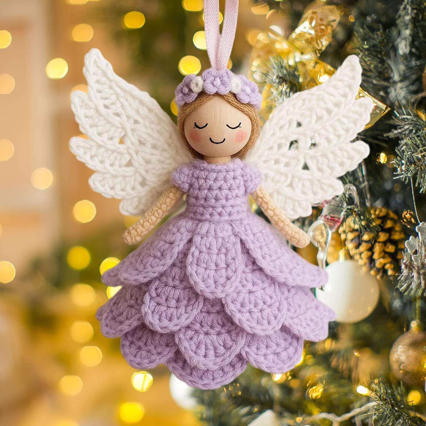 Christmas Crochet Angel Ornament Craft Kit - Cute Soft Knitted Yarn Pendant, Complete DIY Decor Set for Christmas Tree, Handmade Accessories for Personalized & Wall Decor, Purple, 5.91in