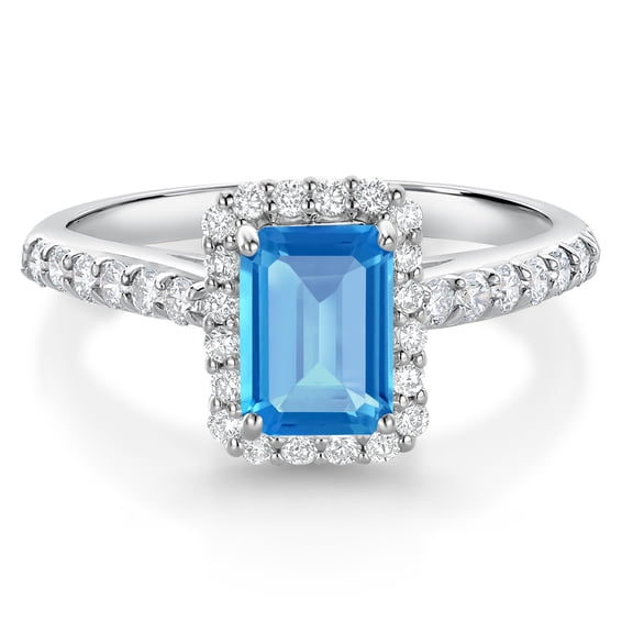 Gem Stone King 10K White Gold Swiss Blue Topaz and White Lab Grown Diamond Halo Engagement Wedding Ring for Women (1.31 Cttw, Emerald Cut 7X5MM, Size 9)