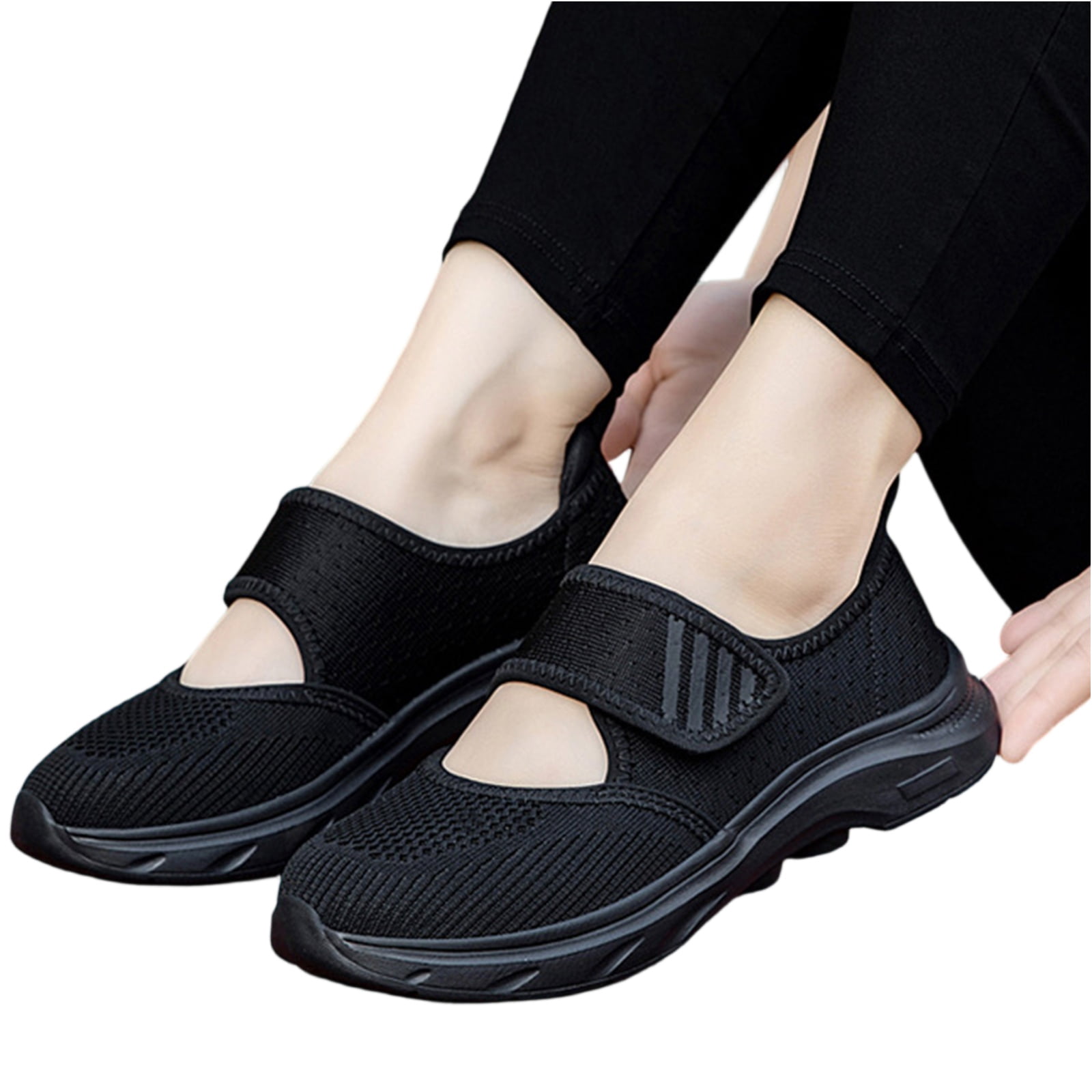 NexTorq Non Slip Shoes for Women, Women's Mesh Adjustable Nurse Shoes Comfortable Hollow Breathable Working Orthotic Wedges Mary Jane Lightweight Out Granny Non-Slip Walking Shoe Black 8