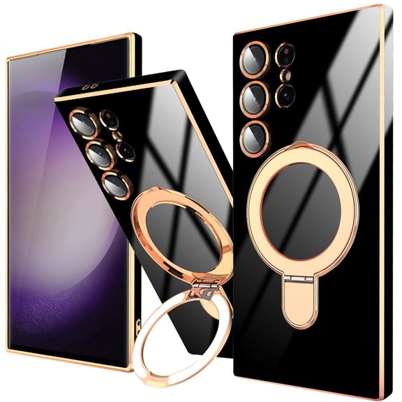 Dteck for Samsung Galaxy S24 Ultra Case with Magnetic Ring Stand, Compatible with MagSafe, Full Camera Lens Protection, Luxury Plating Slim Cover Samsung S24 Ultra Phone Cases for Women Men,Black