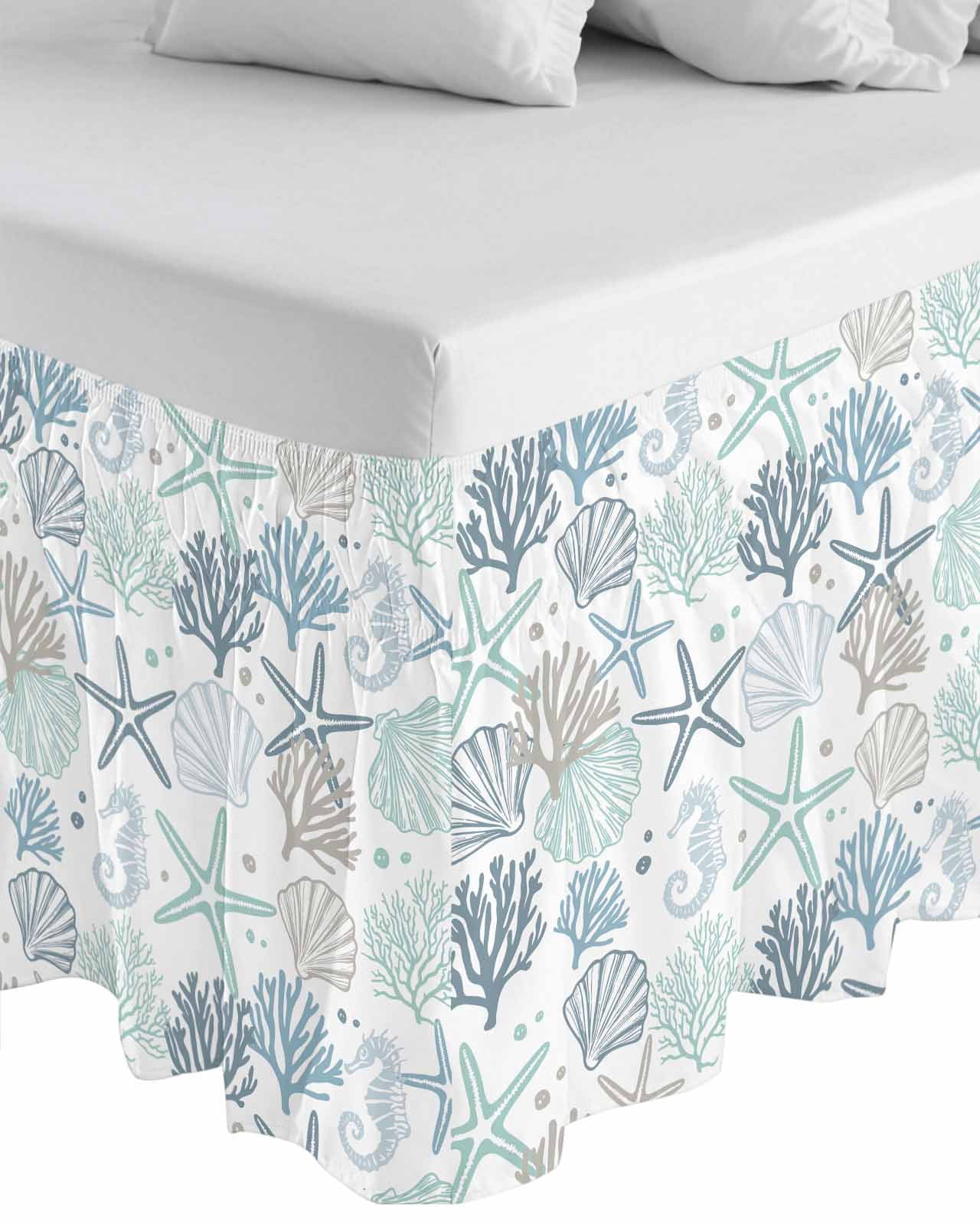 Aqua Teal Coastal Bed Skirt Cal King Size, Summer Beach Starfish Coral Nautical Wrap Around Bed Skirting with Adjustable Elastic Strap, Dust Ruffled Pleated Bedskirts 16 Inch Drop for Bedroom Beds