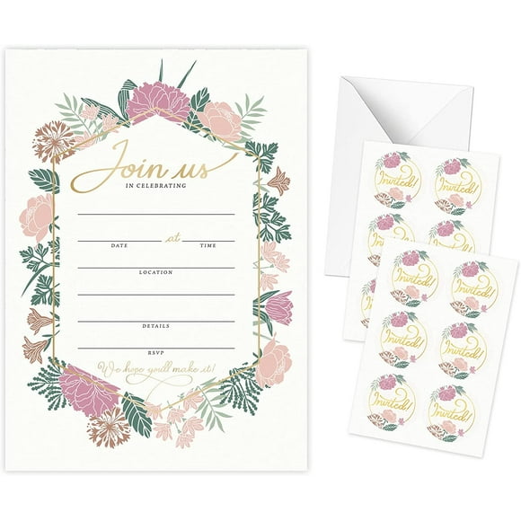 Rileys & Co. 50 All Occasion Invitation Cards with Envelopes and Bonus Stickers, 7 x 5 Inches, Floral Party Invitations for Wedding, Anniversary, Baby Shower, and More