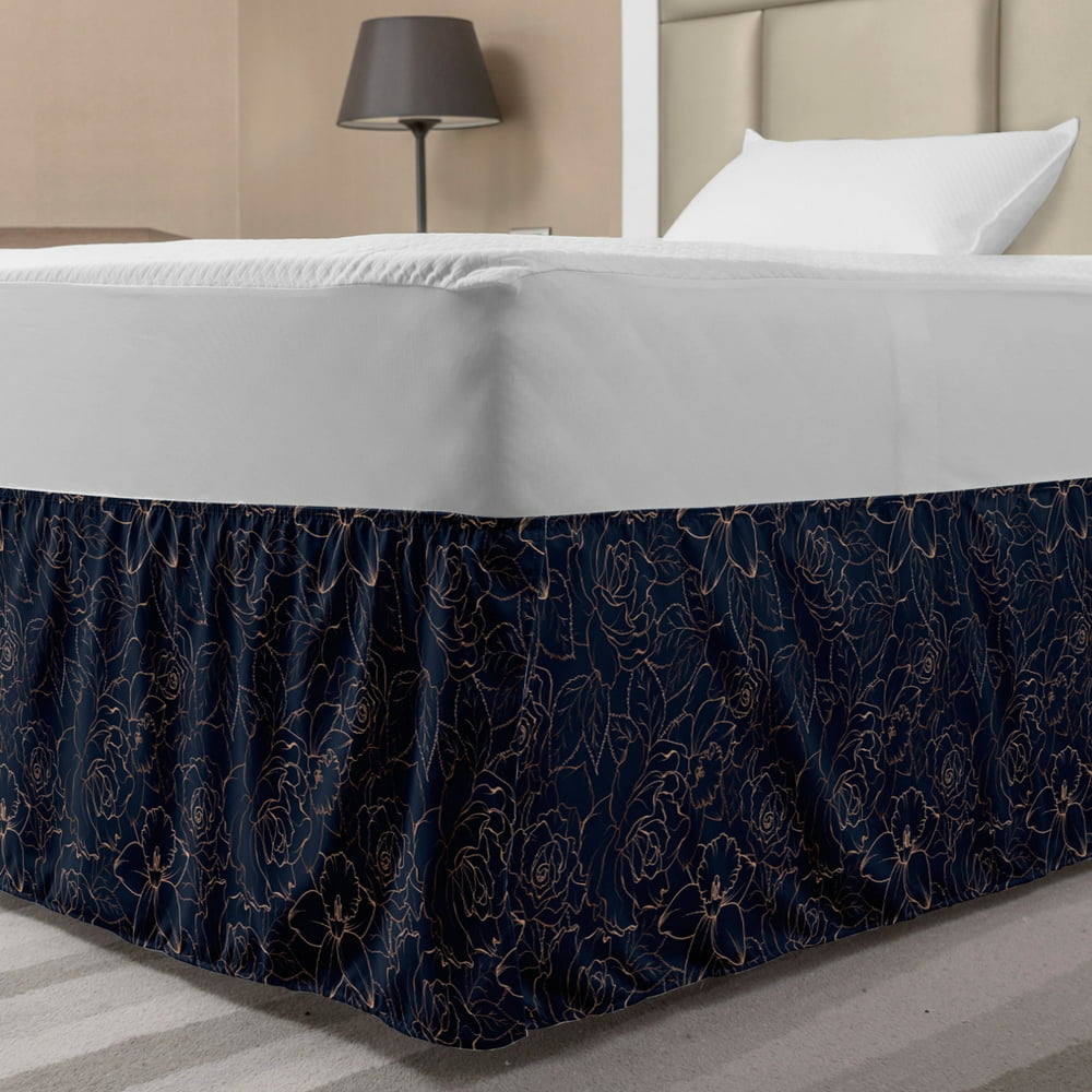 Navy Blue Bed Skirt, Abstract Hand Drawn Interpretation of Narcissus