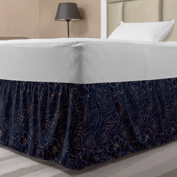 Navy Blue Bed Skirt, Abstract Hand Drawn Interpretation of Narcissus Rose Daffodil Peony Flower, Elastic Bedskirt Dust Ruffle Wrap Around for Bedding Decor, 4 Sizes, Indigo Sand Brown, by Ambesonne