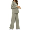 thumbnail image 3 of ChaoHeng 2025 Cotton Linen Solid Color Outfits for Women 2 Piece Lounge Sets,Women Fashion Solid Color Round Neck Long Sleeve Side Split Pants Set,Gray,M, 3 of 8