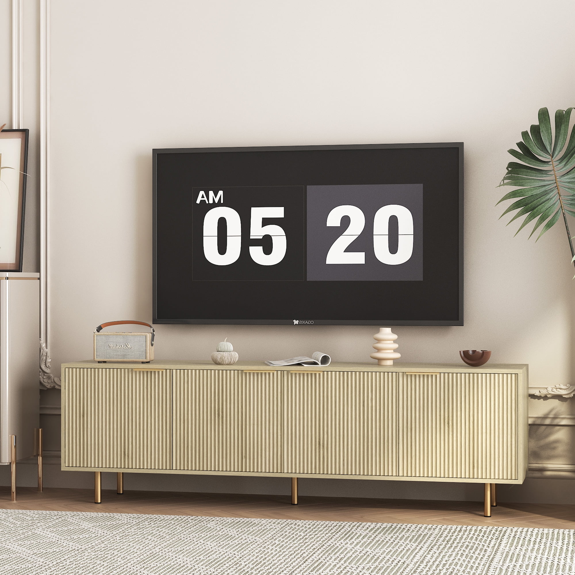 Aukfa Modern TV Stand for 75 inch TV with Door for Living Room Bedroom,Natural