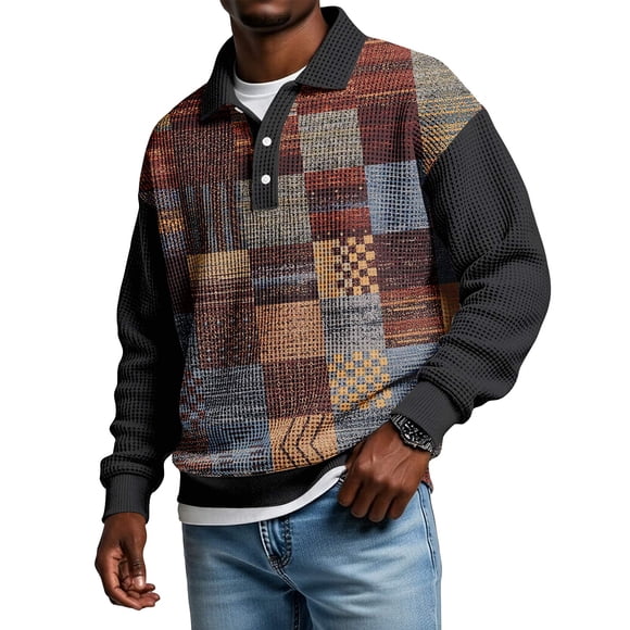 Nokdvo Chandails en Molleton pour Hommes Mode Col à Revers Boutonné Color Block Chandails en Molleton Automne Hiver Décontracté Col à Revers Manches Longues Pulls Chemise, Café m