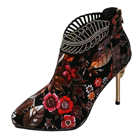 

PMUYBHF Ladies Fashion Retro Colorful Flower Pointed Back Zipper Thin High Heel Short Boots 40.98