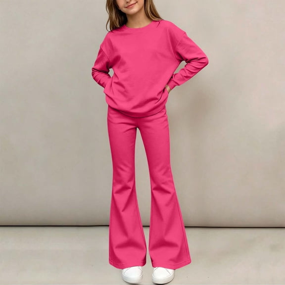 LOINRODI Girls Outfit Set, Elastic Waist Crewneck Long Sleeve Flare Leg Casual Solid Color Matching Clothes Set Hot Pink
