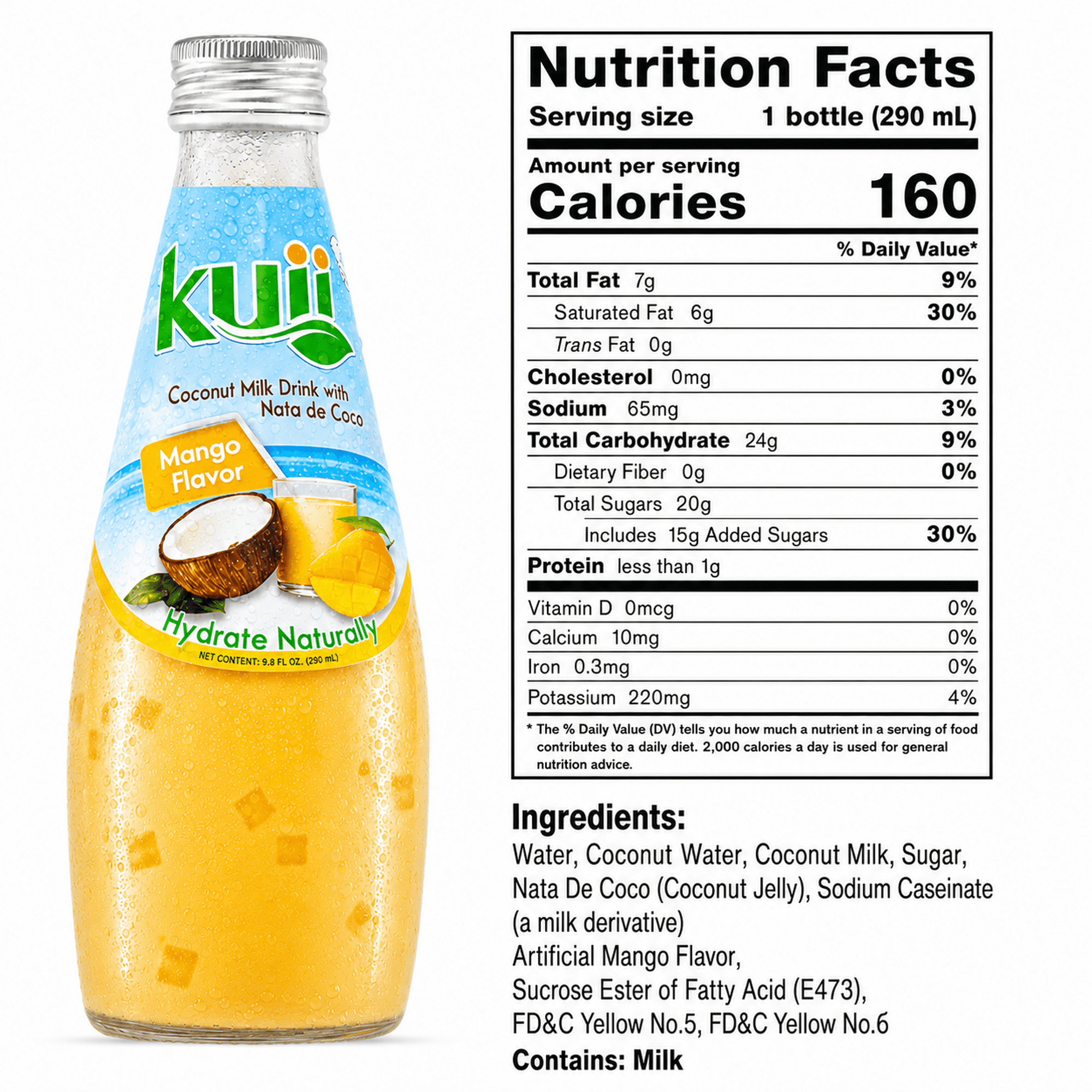 (7 pack) Kuii Drinks Coconut Milk with Nata de Coco, Mango, 290 mL Single Glass Bottle