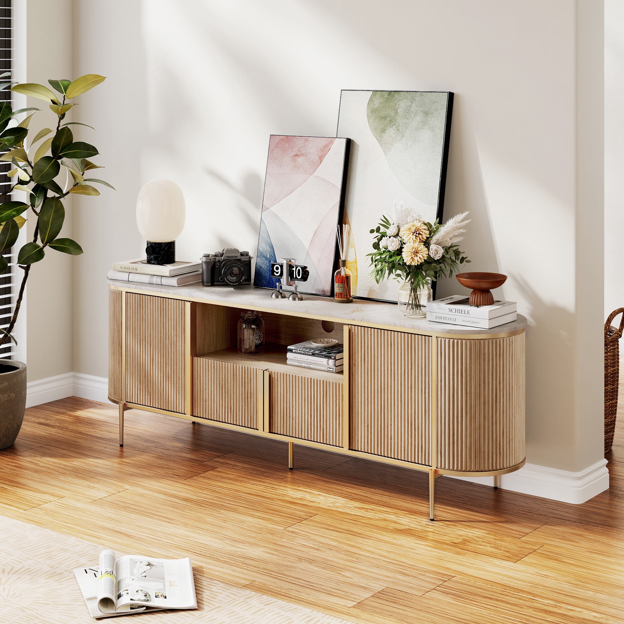 OKD 70" Modern Fluted TV Stand for TVs up to 80", Mid-Century Wooden Entertainment Center for Living Room - Natural Oak