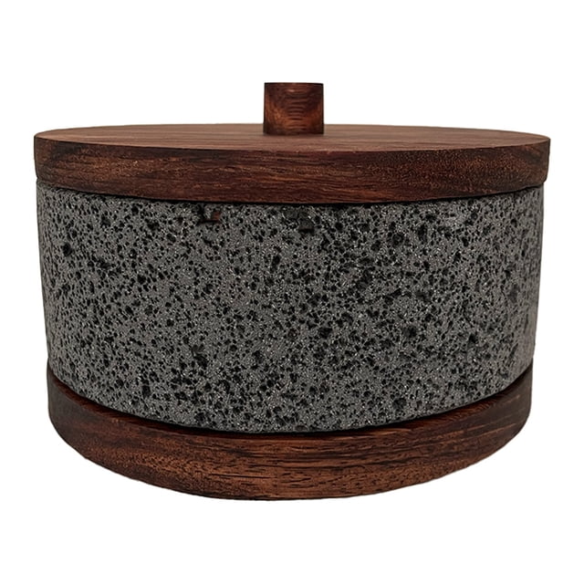 Molcajete Wood Planks MX Calli de piedra volcánica con base y tapa de parota