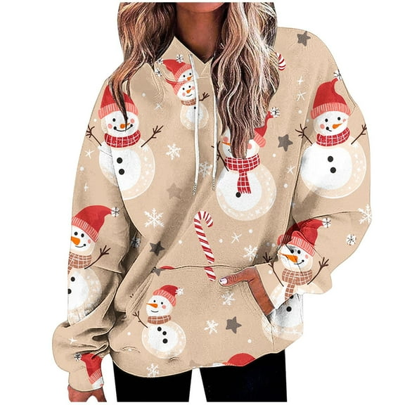 Lorytime Oversized Hoodies for Women Christmas Snowman Print Sweatshirt Long Sleeve Pullover Drop Shoulder Loose Tops